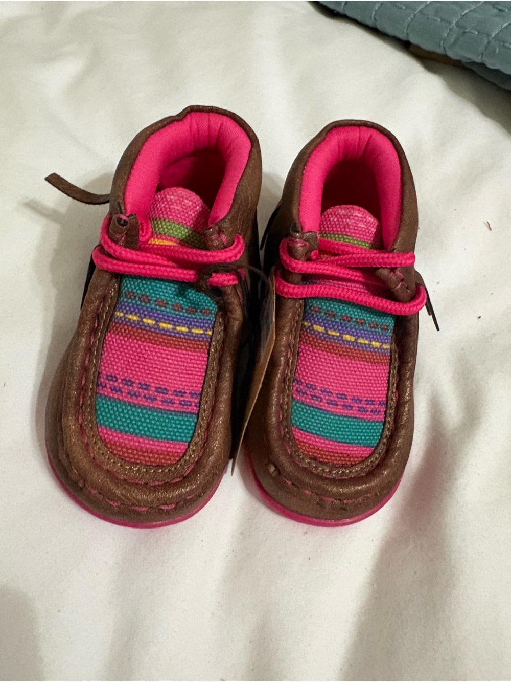 Twister Brown Moccasins with Pink and Teal Accents